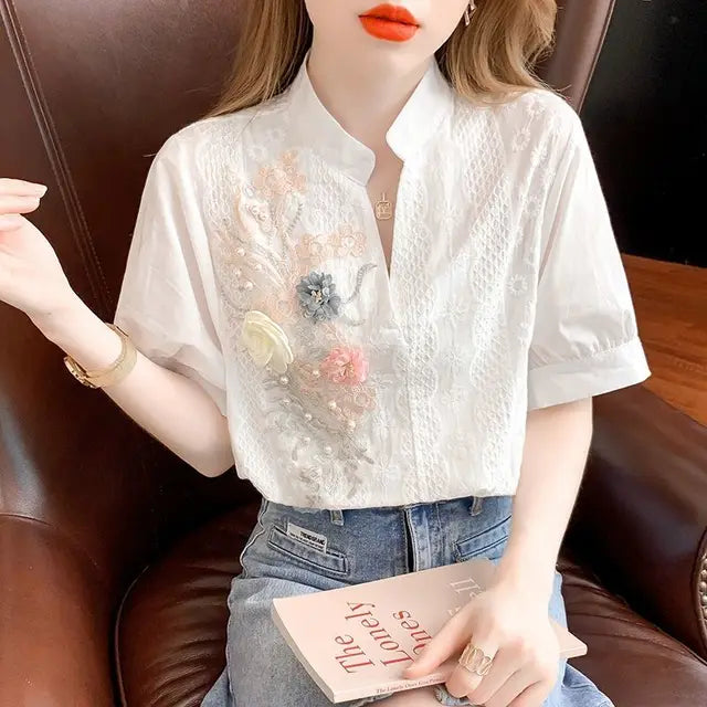 Zomer Witte Geborduurde Blouse met V-Hals