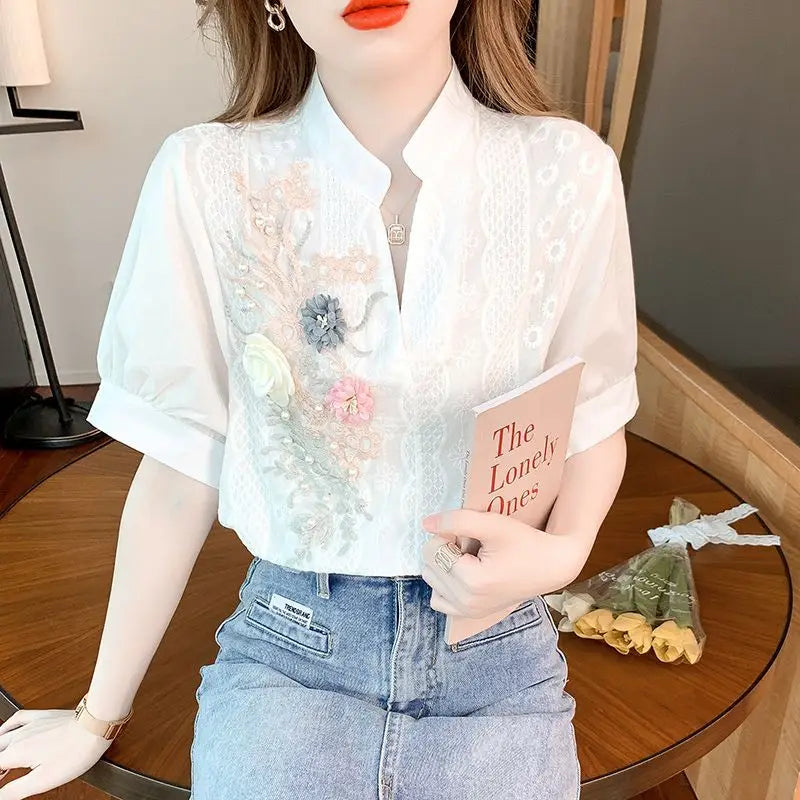 Zomer Witte Geborduurde Blouse met V-Hals