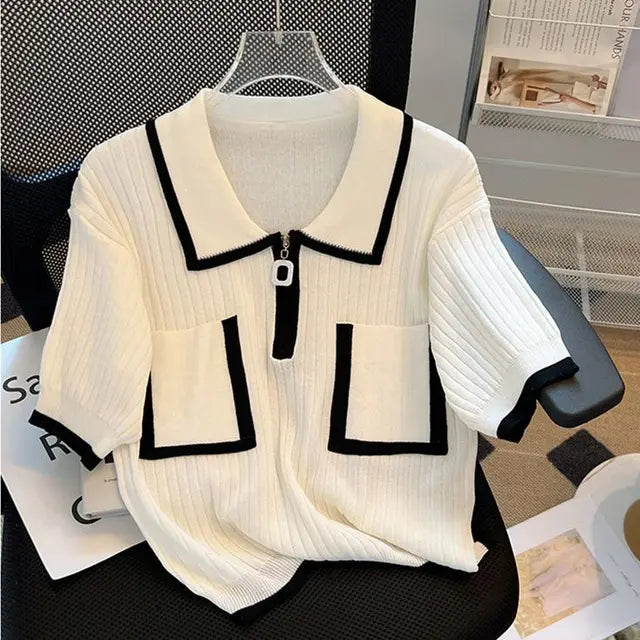 Sommerliche Süße Reißverschlusstaschen Polokragen Pullover