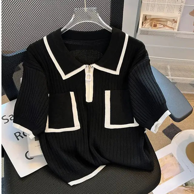 Sommerliche Süße Reißverschlusstaschen Polokragen Pullover