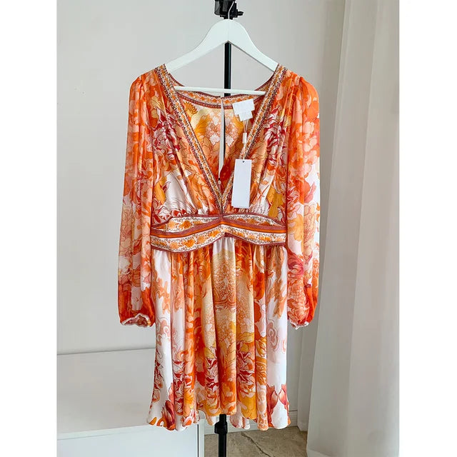 ModeMysterie Tiefer V Urlaub Abendessen Sommerkleid mit Orangenem Druck