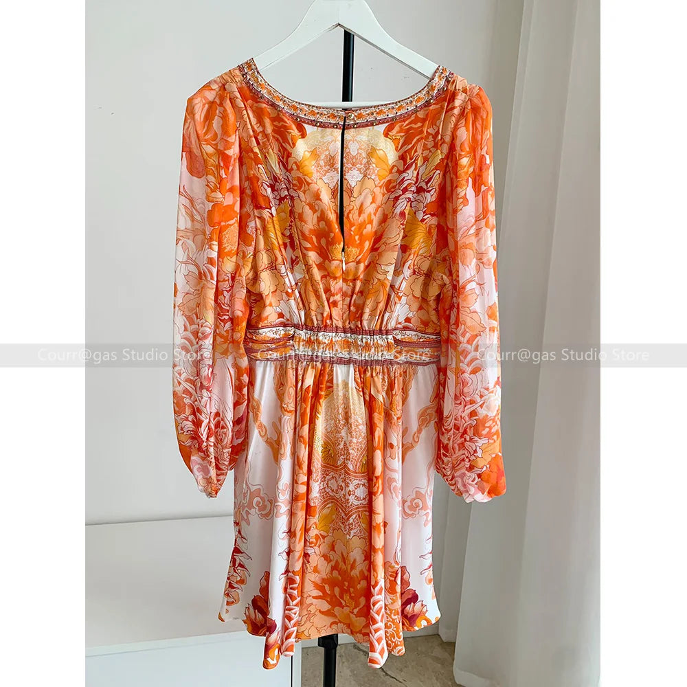 ModeMysterie Deep V Holiday Dinner Summer Dress with Orange Print