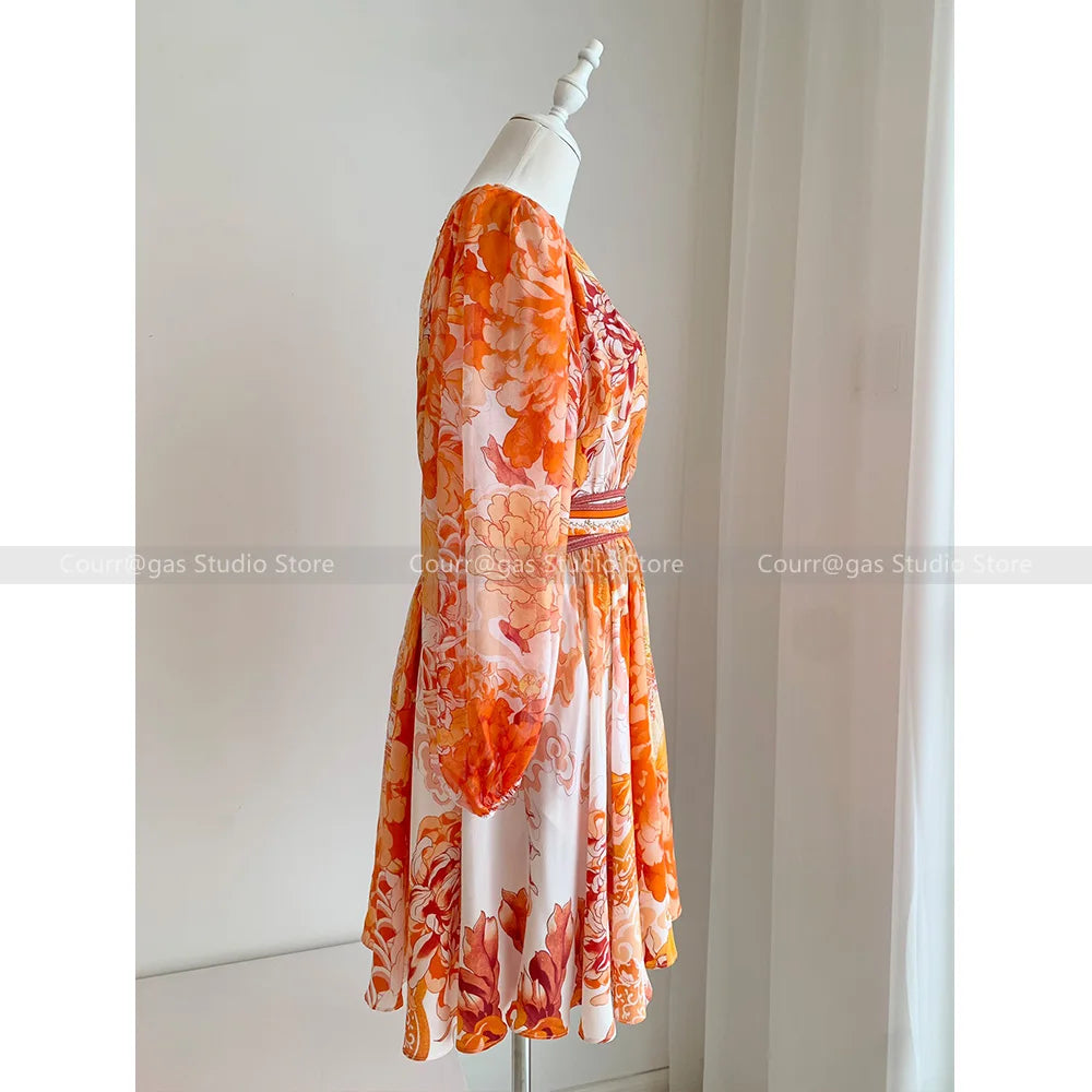 ModeMysterie Deep V Holiday Dinner Summer Dress with Orange Print