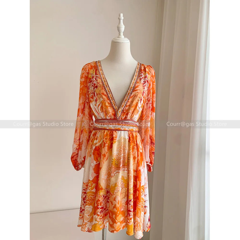 ModeMysterie Tiefer V Urlaub Abendessen Sommerkleid mit Orangenem Druck