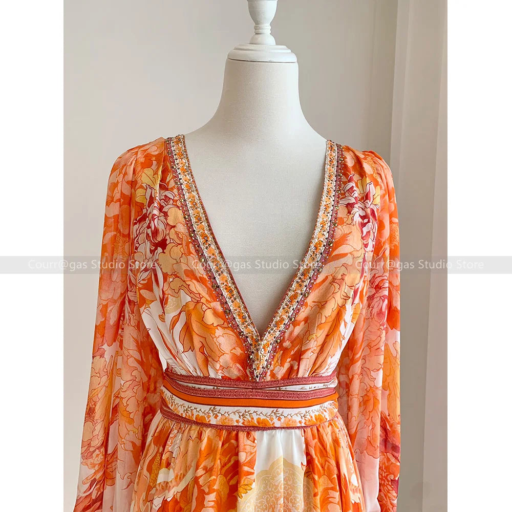 ModeMysterie Deep V Holiday Dinner Summer Dress with Orange Print