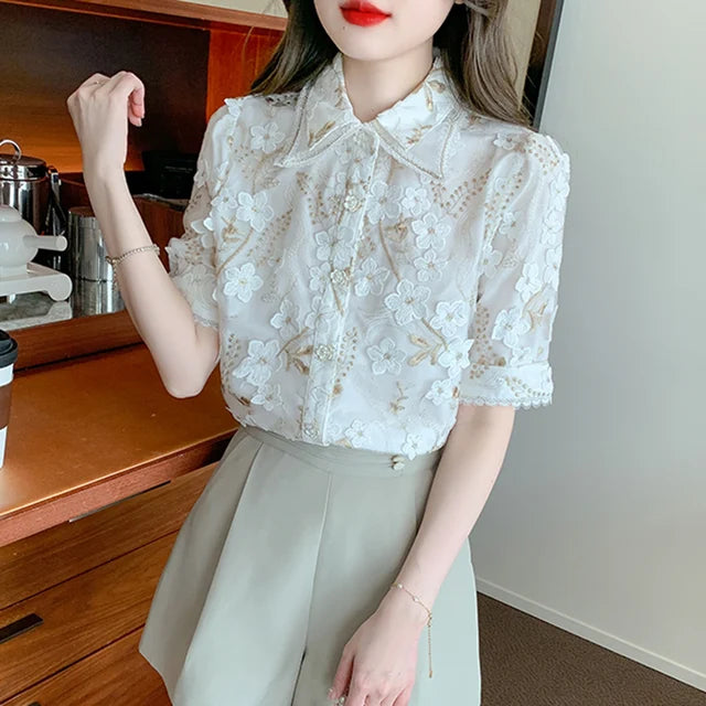 Zomer Nieuwe Retro Lady Design Gevoel Niche Splicing Shirt met Frans Temperament