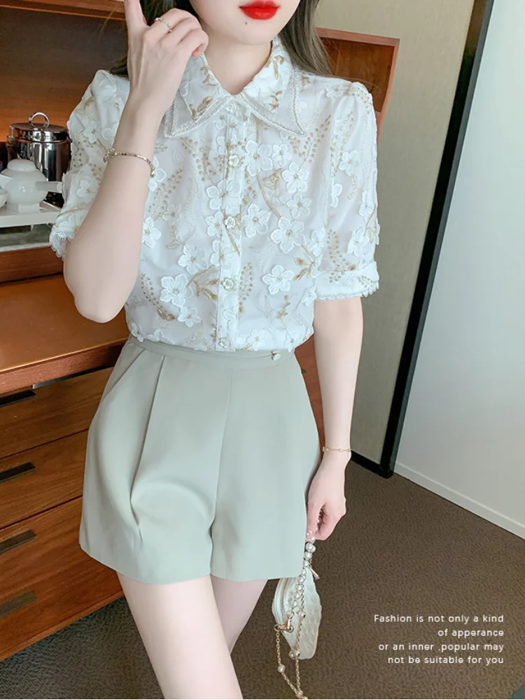 Zomer Nieuwe Retro Lady Design Gevoel Niche Splicing Shirt met Frans Temperament