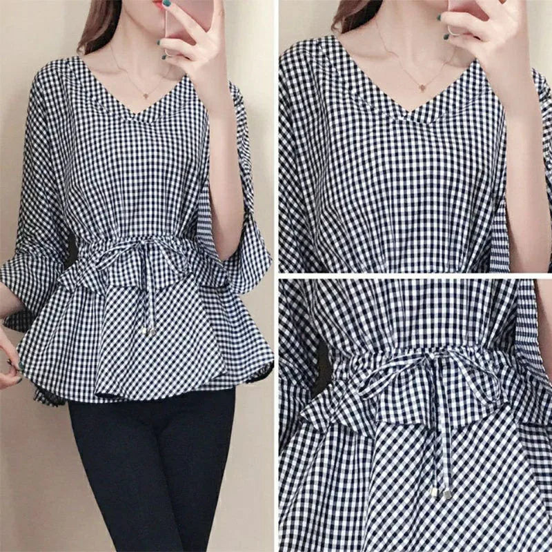 Sommerliche neue V-Ausschnitt karierte Bluse