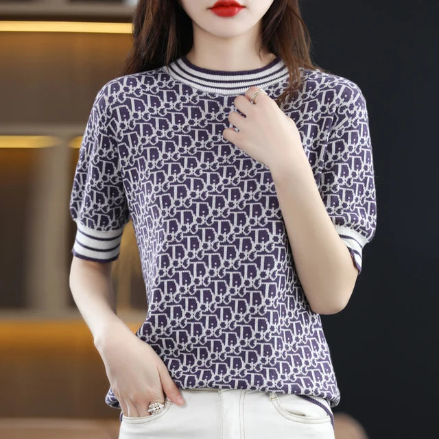 ModeMeester Sommer Strickpullover mit kurzen Ärmeln