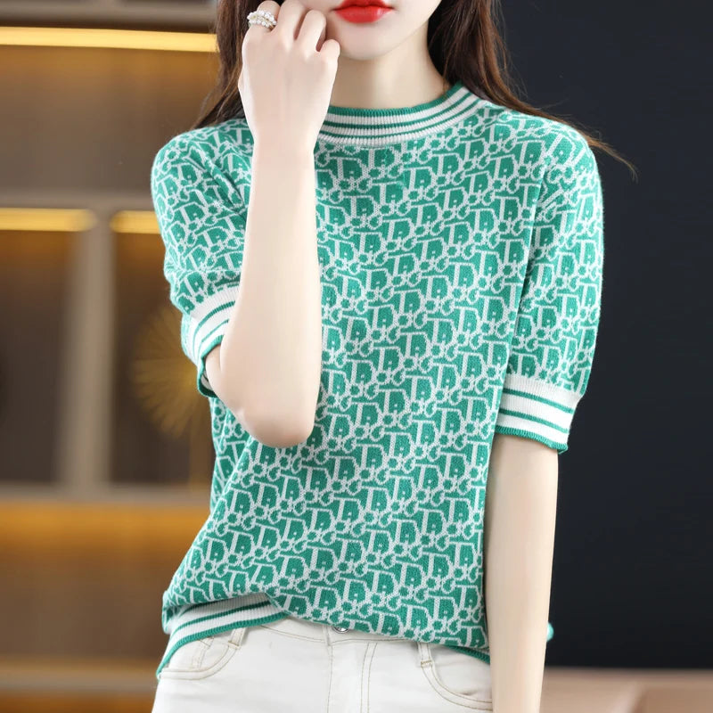 ModeMeester Sommer Strickpullover mit kurzen Ärmeln