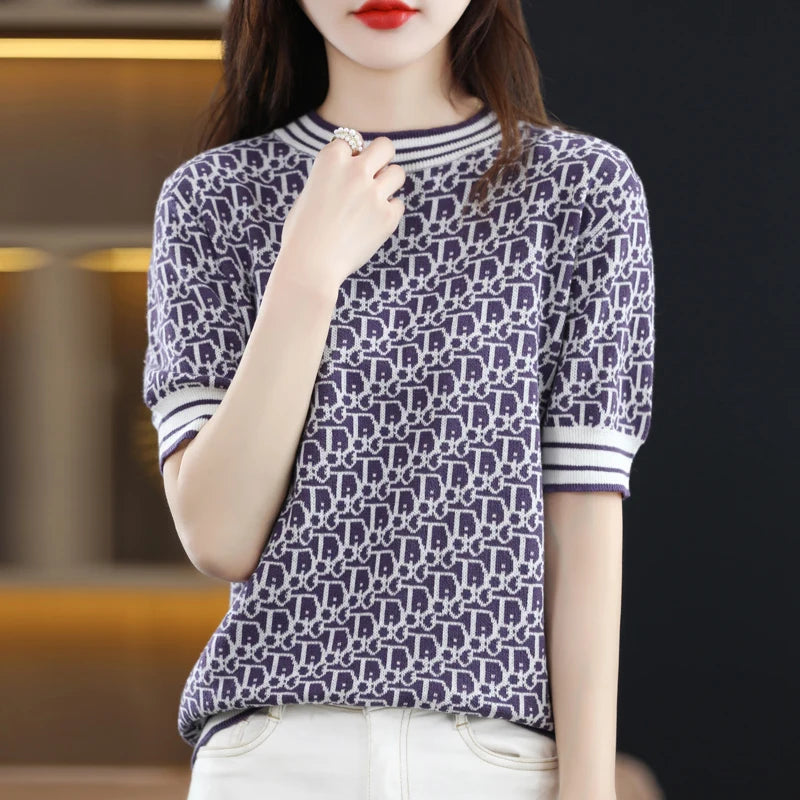 ModeMeester Sommer Strickpullover mit kurzen Ärmeln