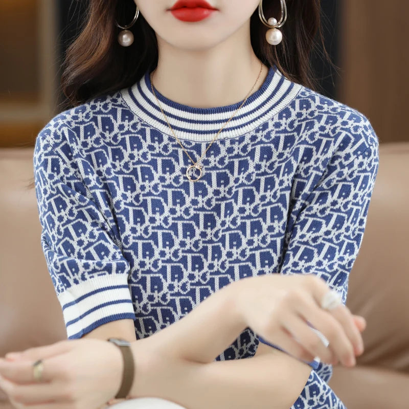 ModeMeester Sommer Strickpullover mit kurzen Ärmeln