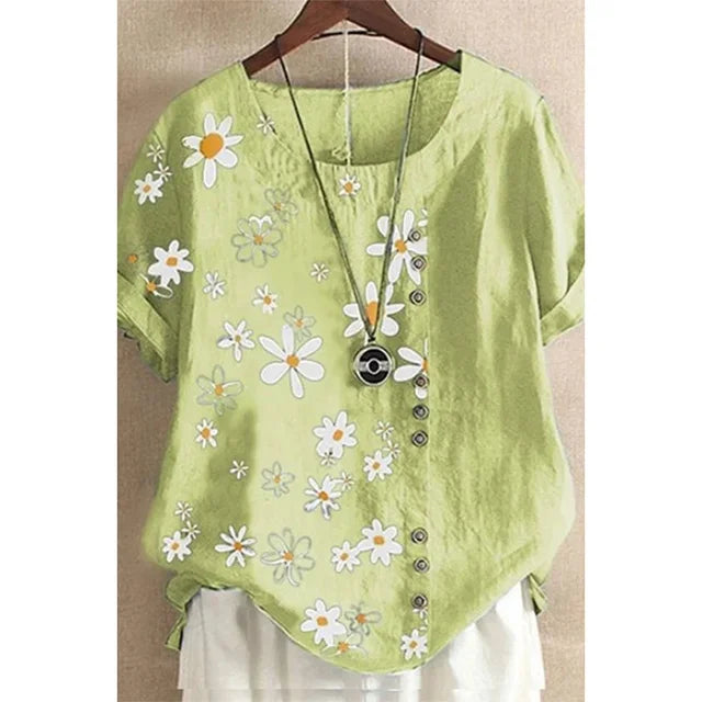 Zomerse Grote Maten Linnen Daisy Print Blouse voor Vrouwen