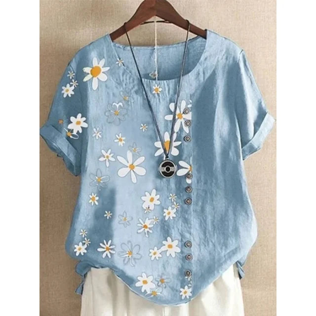 Zomerse Grote Maten Linnen Daisy Print Blouse voor Vrouwen