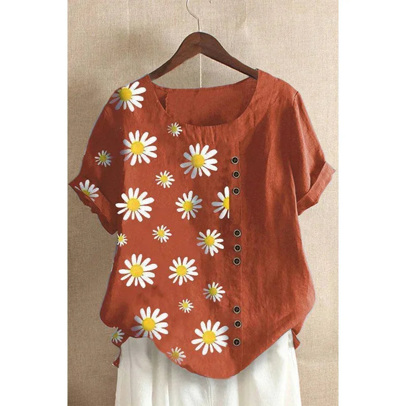 Zomerse Grote Maten Linnen Daisy Print Blouse voor Vrouwen