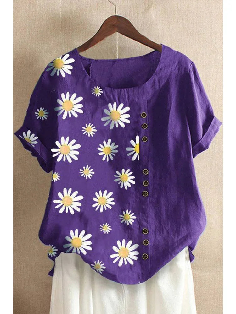 Zomerse Grote Maten Linnen Daisy Print Blouse voor Vrouwen