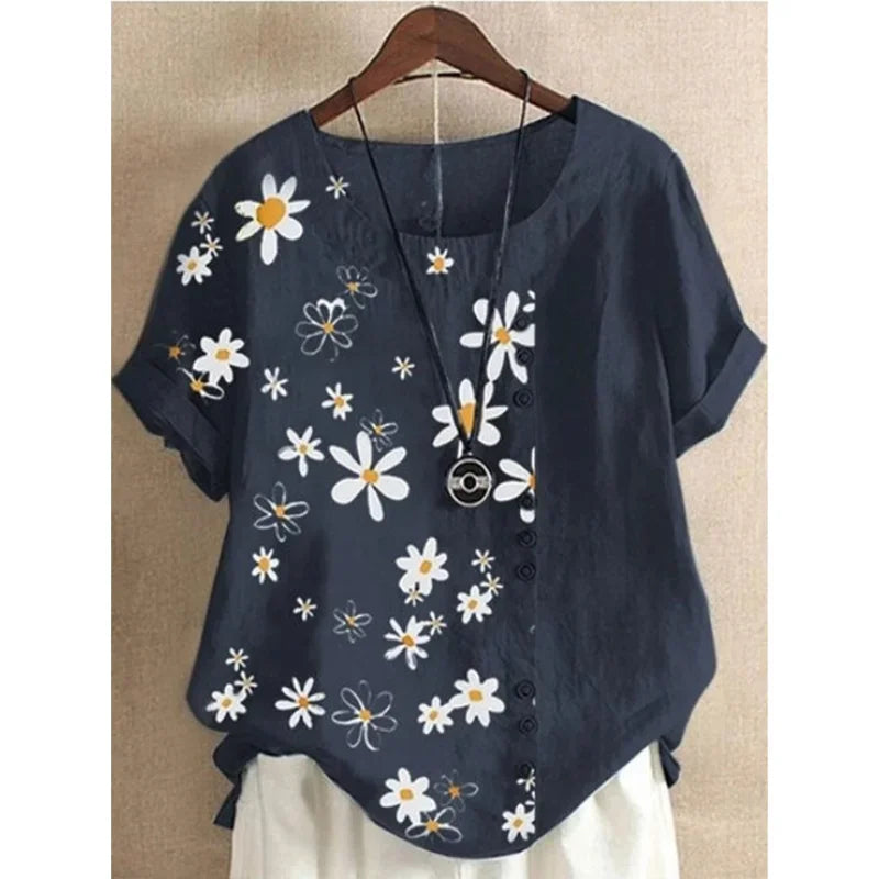 Zomerse Grote Maten Linnen Daisy Print Blouse voor Vrouwen