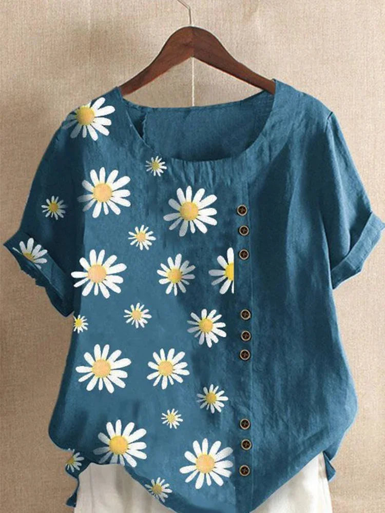 Zomerse Grote Maten Linnen Daisy Print Blouse voor Vrouwen