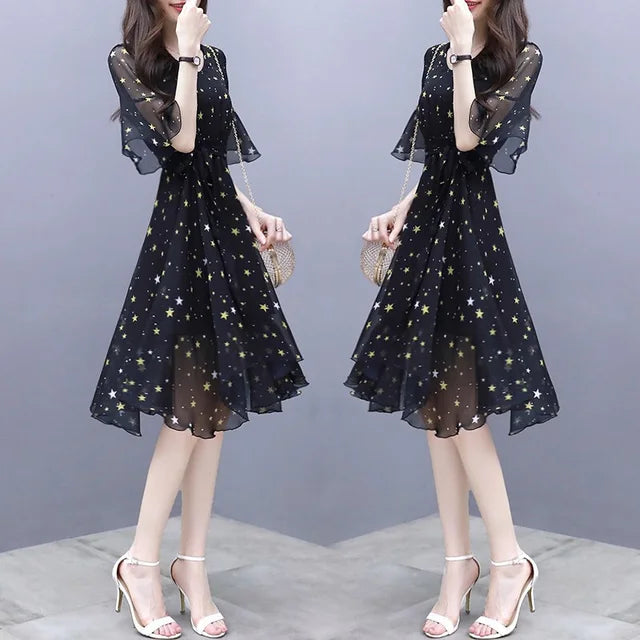 Zomerse Sterren Print Jurk met Flare Mouwen
