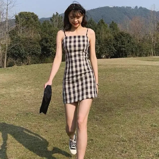 Enchanting Summer Vintage Checkered Straps Slim Dress