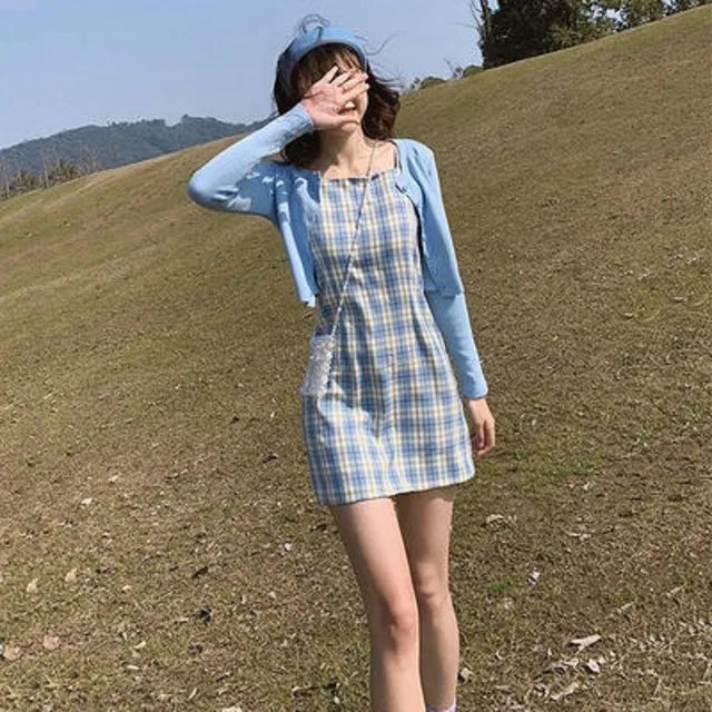 Enchanting Summer Vintage Checkered Straps Slim Dress