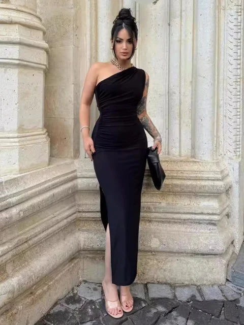 Glamour Diva Estate Nero Maxi Abito con Spacco Sexy