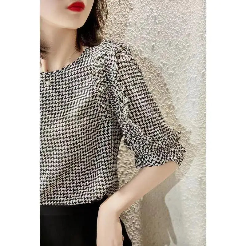 Dazzle Fashions bedruckte Rüschen Hahnentritt-Bluse für sommerliche Mode!