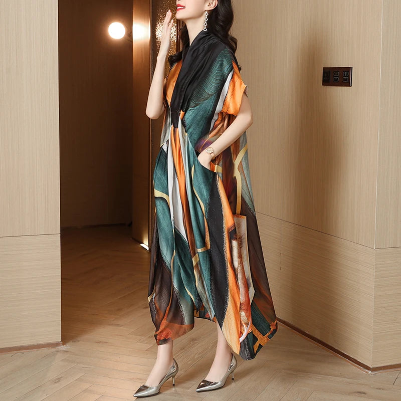 Aurora Zomer Zijden Flare Mouwen V-Hals Midi Dress