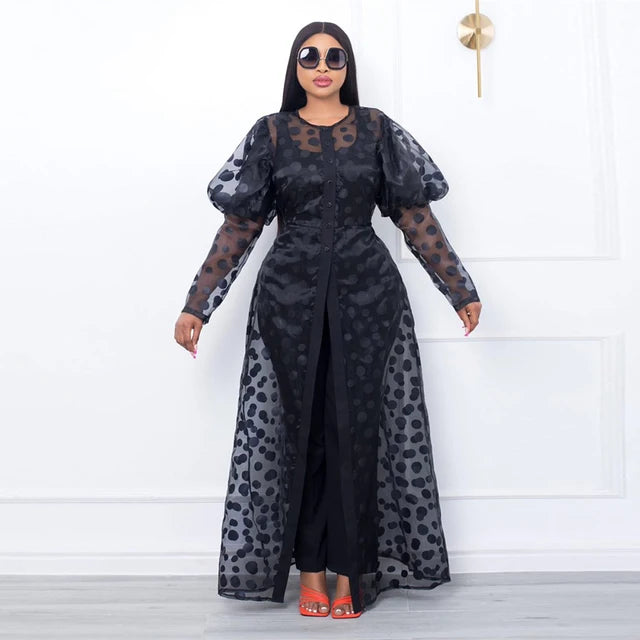 ModeMeester Abito a Linea A in Organza Nero con Maniche Lunghe