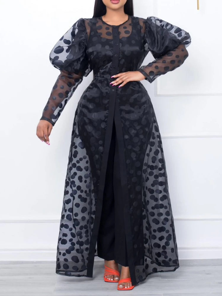 ModeMeester Abito a Linea A in Organza Nero con Maniche Lunghe
