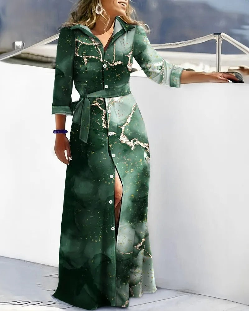 VELANORA Green belt printed windproof blouse dress