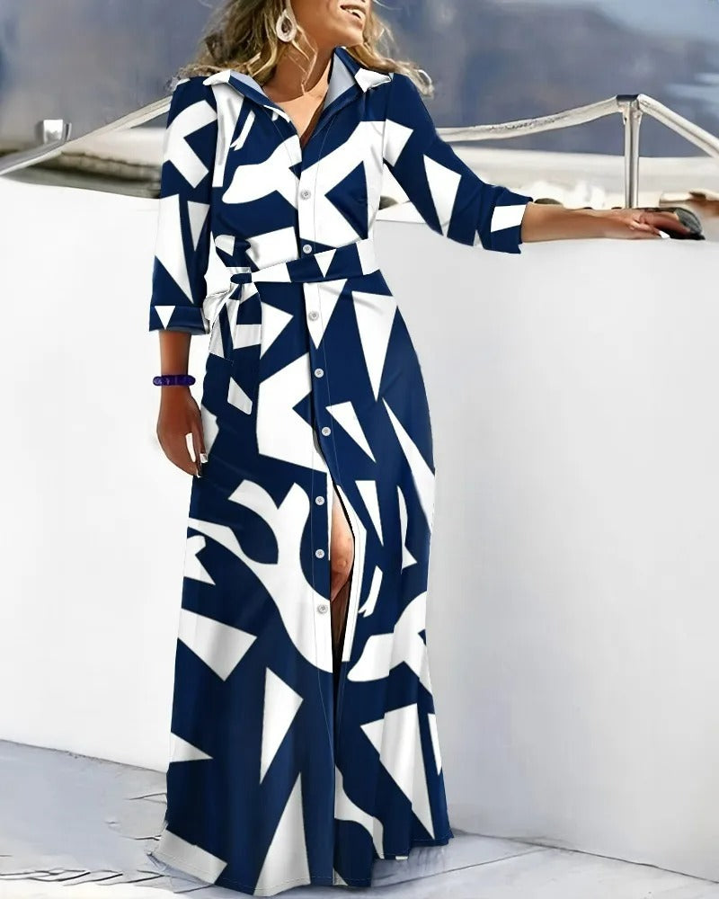 VELANORA Green belt printed windproof blouse dress