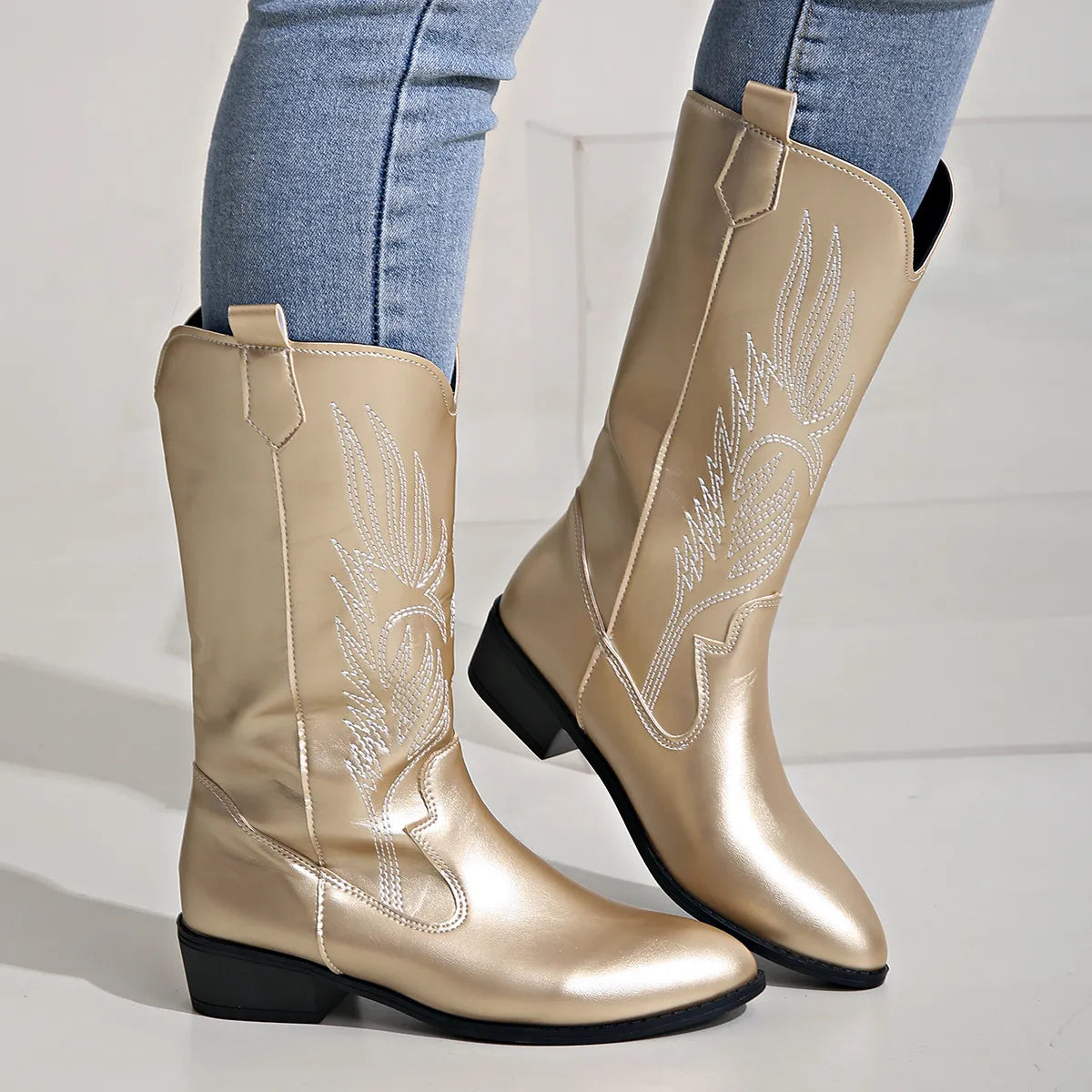 Velanora - PU Leather Cowboy Boots with Soft Lining