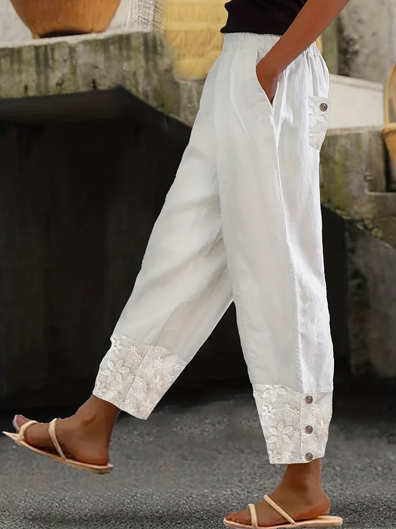VELANORA- Pantaloni con disegno a coste e vita elastica