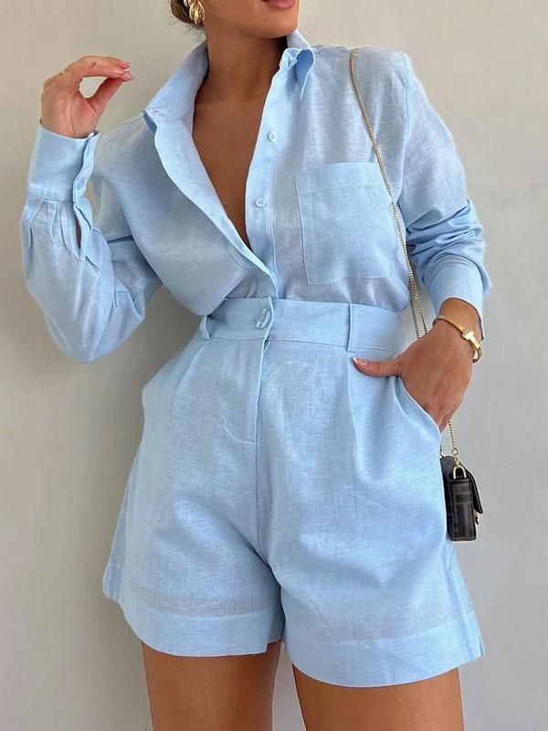 Velanora Leinen Kurzes Set | Schickes Blaues Ensemble