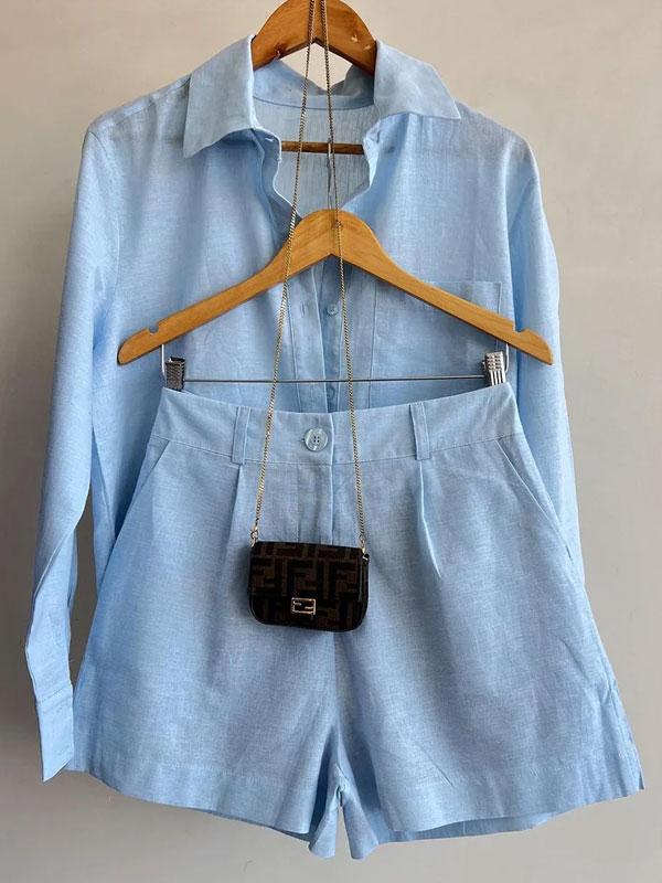 Velanora Linnen Korte Set | Chic Blauw Ensemble