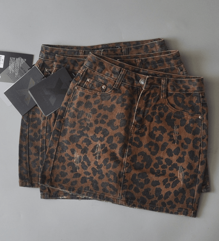 VELANORA - Denim Skirt with Leopard Print for Women