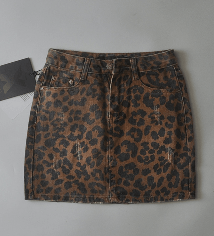 VELANORA - Denim Skirt with Leopard Print for Women