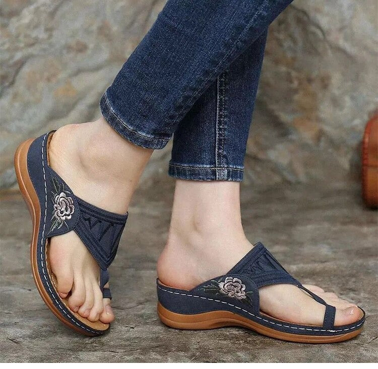 Orthopedic Women's Sandals with Floral Embroidery - Velanora