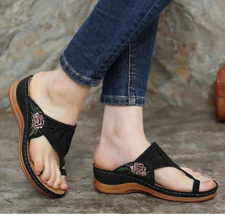 Orthopedic Women's Sandals with Floral Embroidery - Velanora
