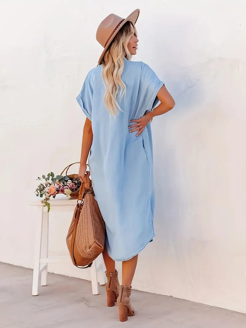 Lange blouse-jurk met knopen en zakken, korte mouwen
