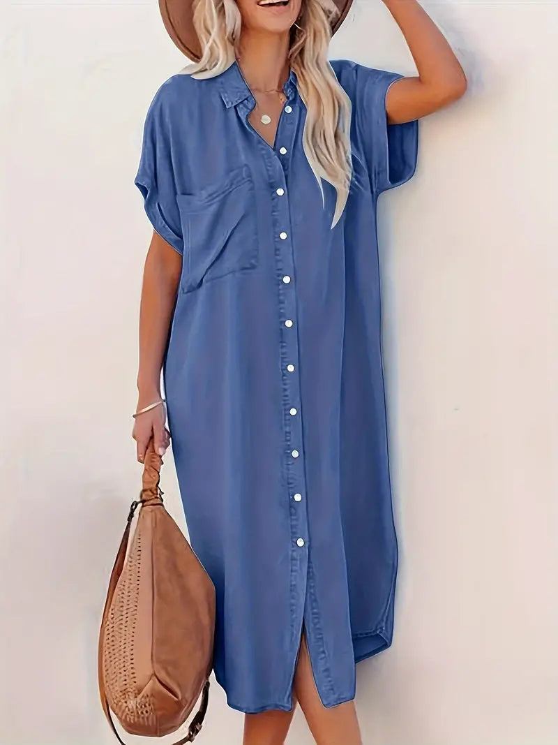 Lange Blusen-Kleid mit Knöpfen und Taschen, kurze Ärmel