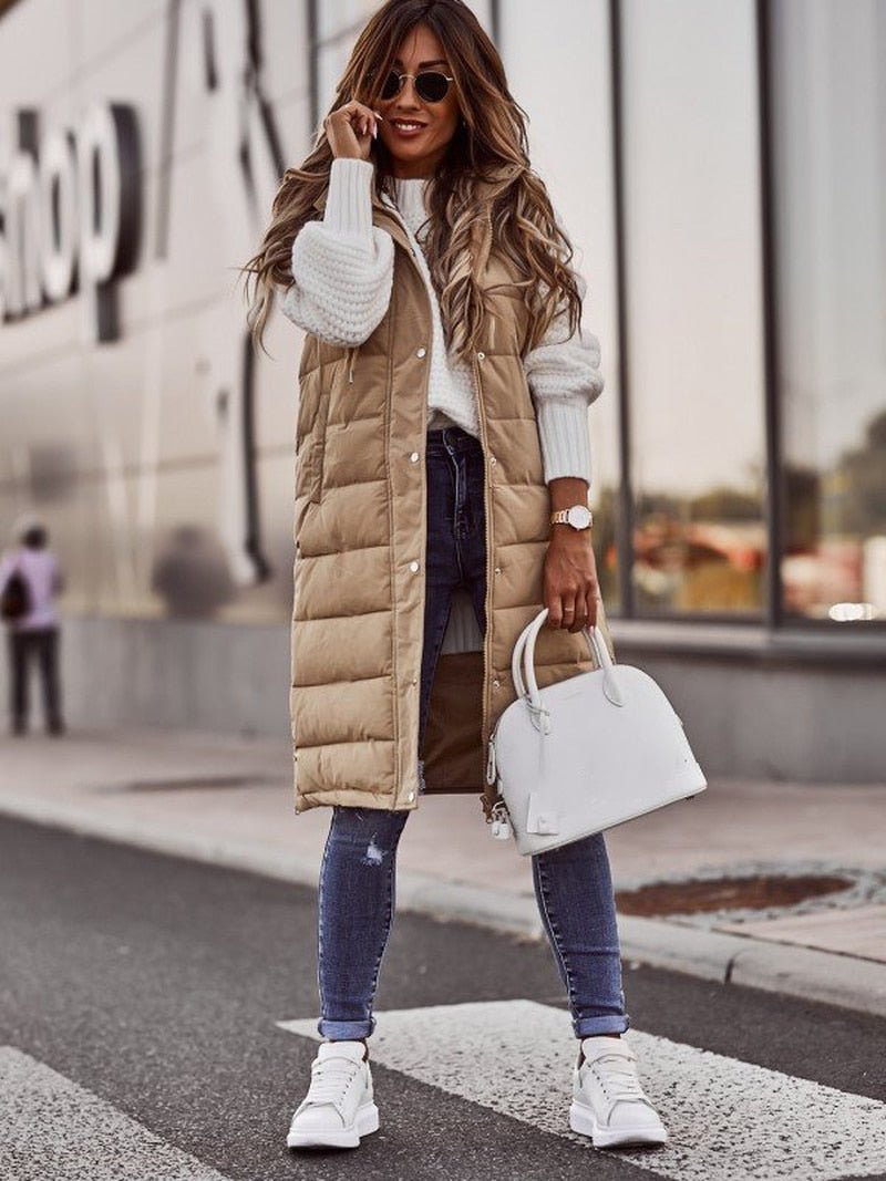 Knee-length padded bodywarmer for women from WinterGlans