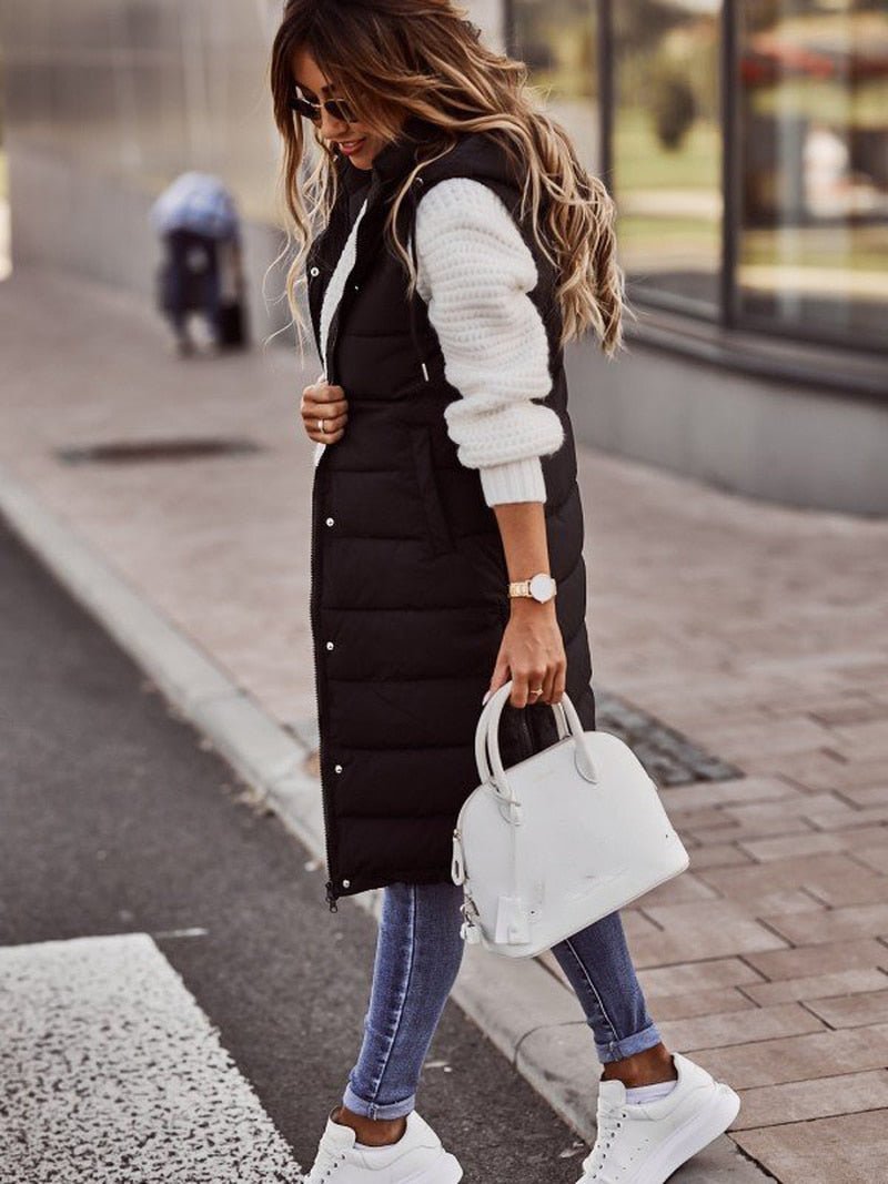 Knee-length padded bodywarmer for women from WinterGlans