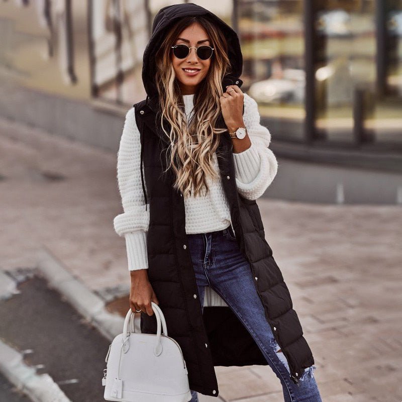 Knee-length padded bodywarmer for women from WinterGlans