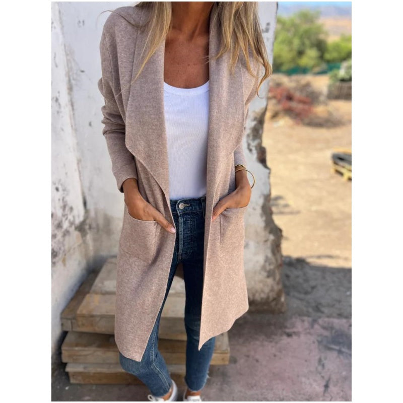 Elegant Long Sleeve Cardigan with Blazer Collar