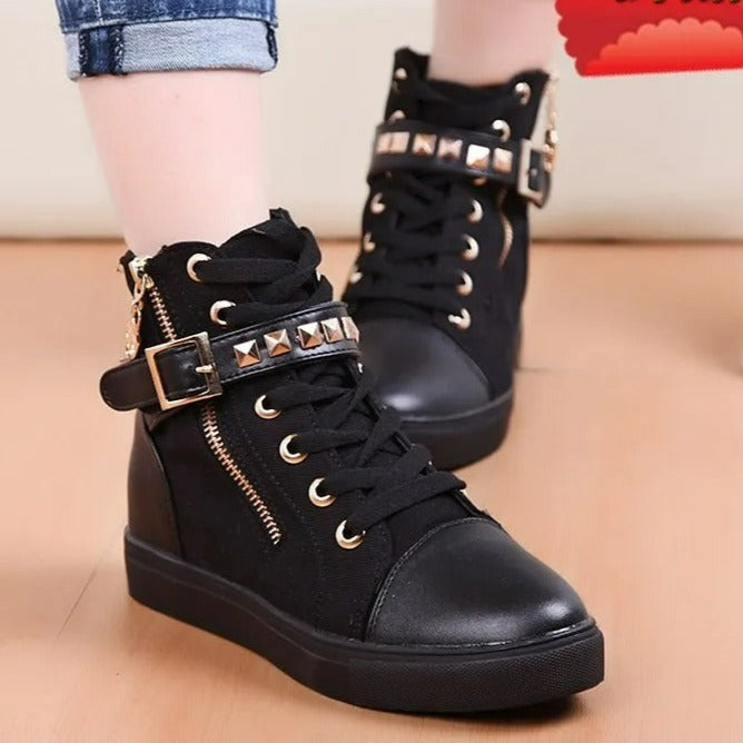 VELANORA women's high leather sneakers with metal decorative buckle