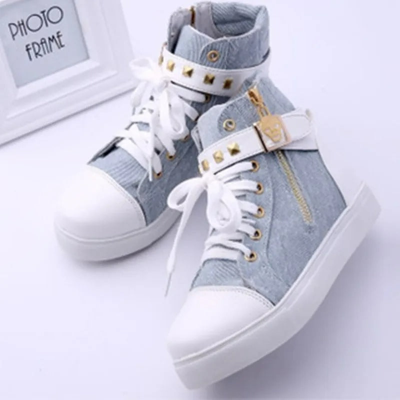 VELANORA women's high leather sneakers with metal decorative buckle