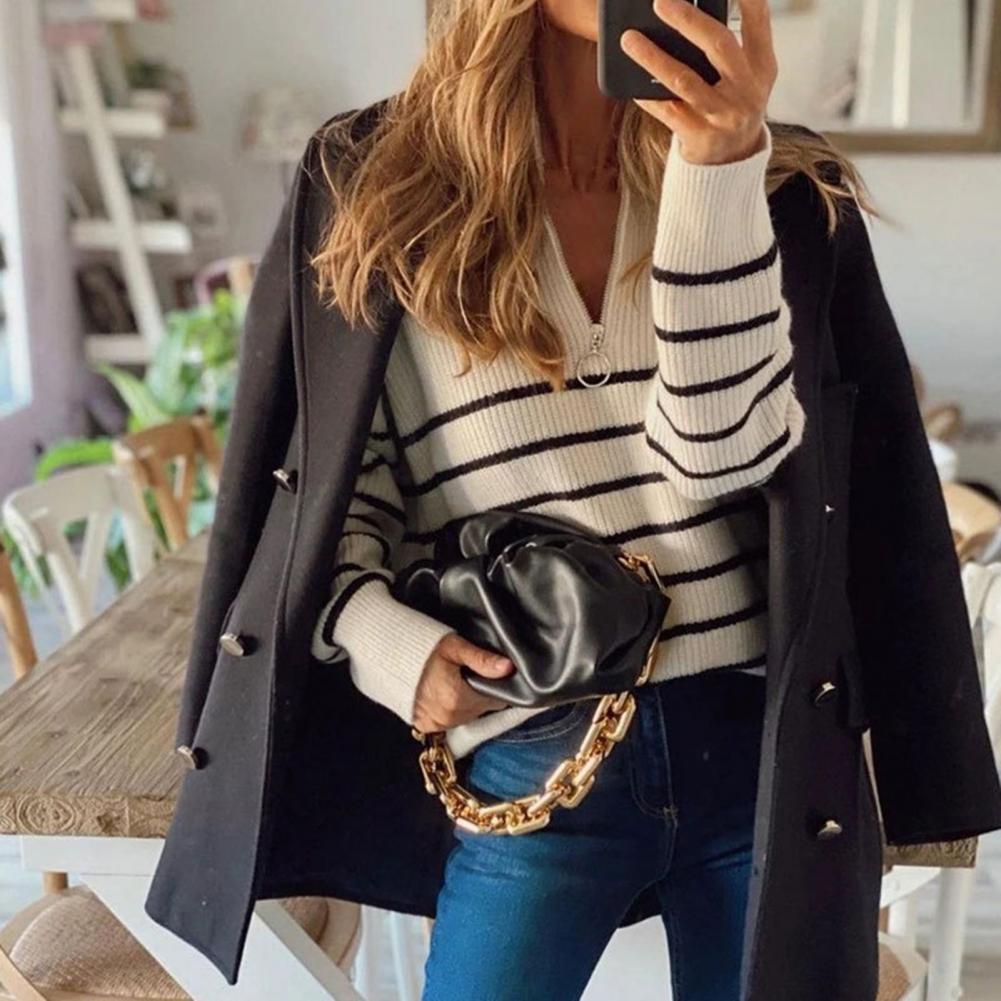 Trendy Gestreepte Kwart Zip Sweater - Fijne Stof & Stijlvol Design