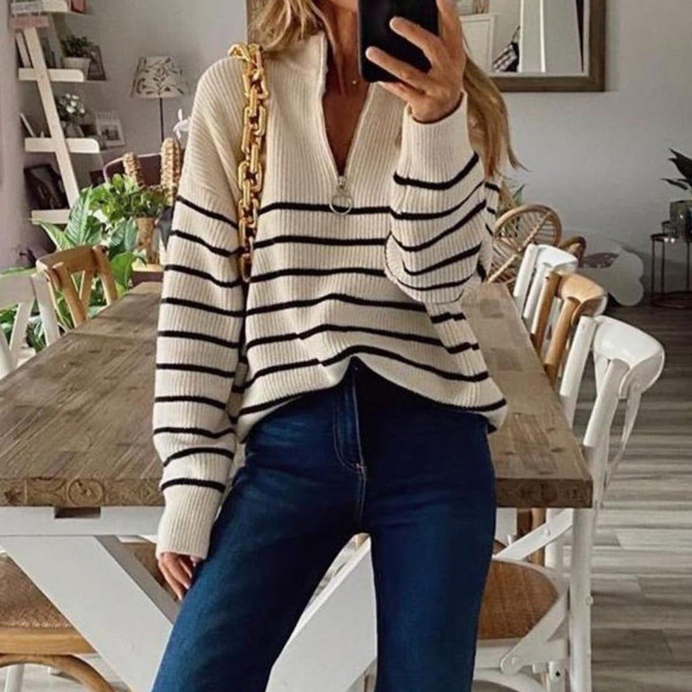 Trendy Gestreepte Kwart Zip Sweater - Fijne Stof & Stijlvol Design